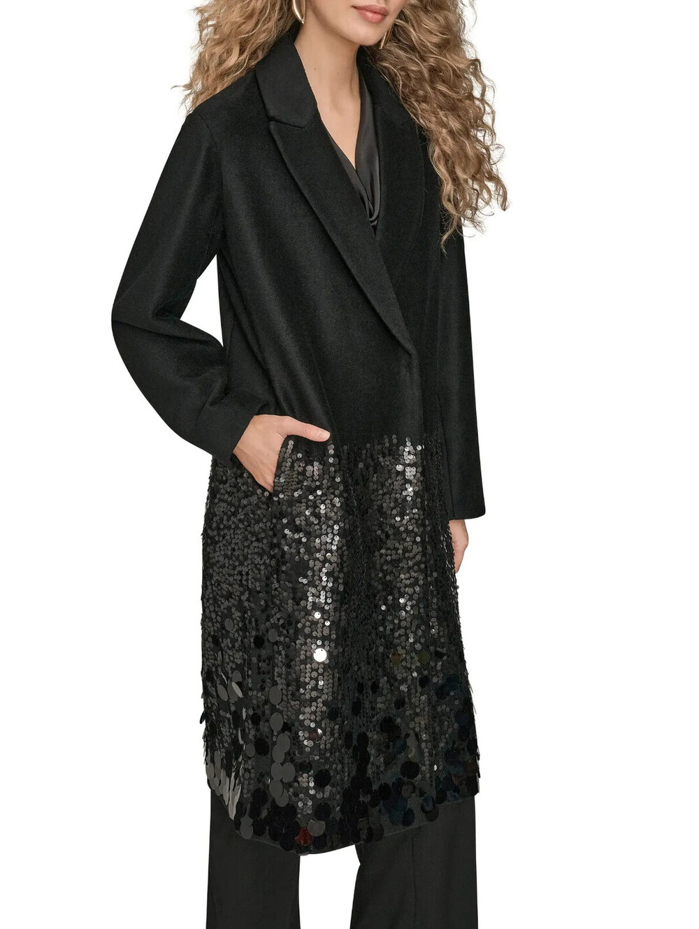 NEW, DONNA KARAN Sequin Wool Blend Longline Coat in Black Sz L #C4876